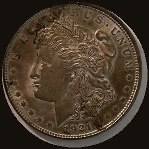 1921 Morgan dollar showing AU-55 (About Uncirculated) condition