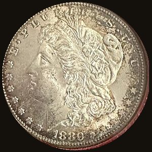 1880-S Morgan dollar, Redfield Hoard showing MS-65 (Mint State · gem) condition