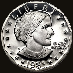 Obverse of a Susan B. Anthony Dollar.