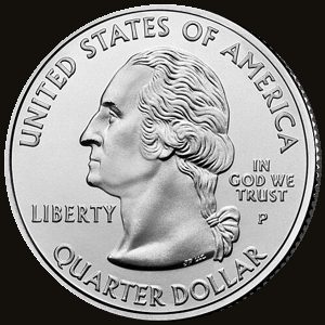 Obverse of a 50 State Quarters coin showing the Washington portrait.