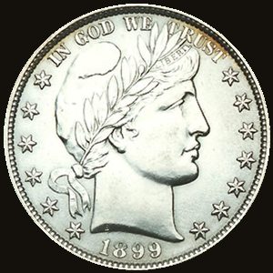 Obverse of an 1899 Barber half dollar showing Liberty in a cap and laurel wreath.