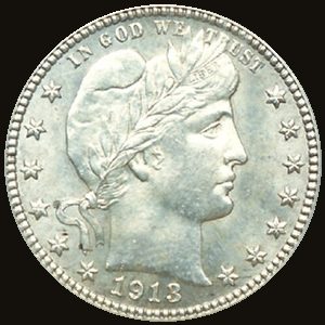 Obverse of a 1913 Barber quarter showing Liberty in a cap and laurel wreath.