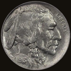 Obverse of a 1913 Type 1 Buffalo nickel, graded NGC MS65.