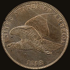 Obverse and reverse of an 1858 Flying Eagle cent showing a flying eagle and an agricultural wreath.