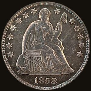 Obverse and reverse of an 1858 Seated Liberty half dime showing Liberty seated and a wreath around HALF DIME.