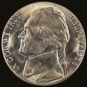 Obverse and reverse of a 1938 Jefferson nickel, showing Jefferson's profile and Monticello side by side.
