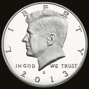 Obverse of a Kennedy half dollar showing John F. Kennedy's profile facing left.