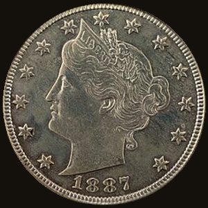 Obverse and reverse of an 1887 Liberty Head nickel of the With CENTS type, showing Liberty's head and a Roman numeral V in a wreath.