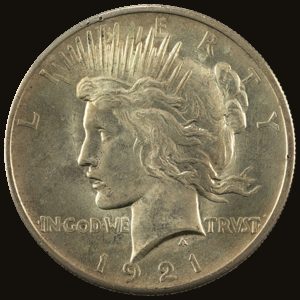 Obverse of a 1921 Peace dollar (high relief, first year).