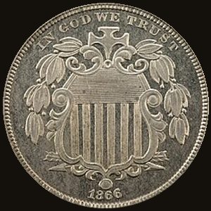 Obverse and reverse of an 1866 Shield nickel of the With Rays type, showing a shield and the numeral 5 ringed by stars and rays.
