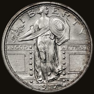 Obverse of a 1917 Type 1 Standing Liberty quarter, graded PCGS MS64 FH.