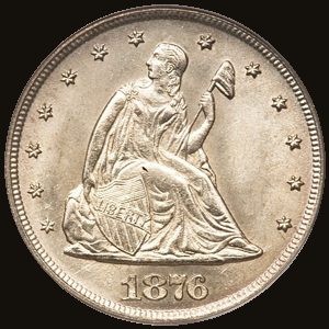 Obverse of an 1876-CC twenty-cent piece showing Liberty seated.