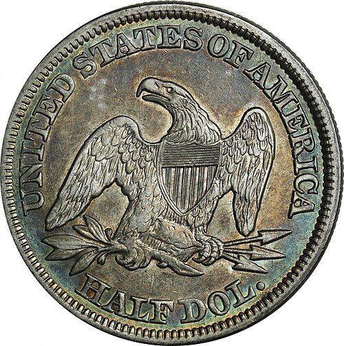 Reverse of a Seated Liberty Half Dollar.