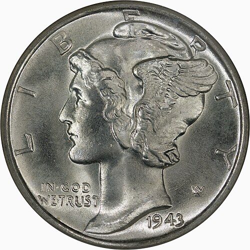 Obverse of a 1943-D Mercury dime.