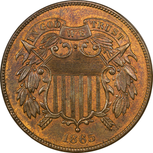 Obverse of an 1865 two-cent piece showing a Union shield with the motto IN GOD WE TRUST.