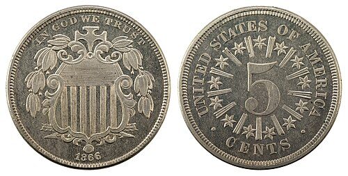 Obverse and reverse of an 1866 Shield nickel of the With Rays type, showing a shield and the numeral 5 ringed by stars and rays.