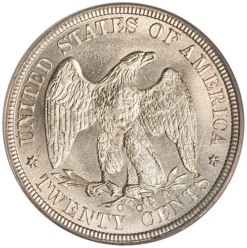 Reverse of an 1876-CC twenty-cent piece showing a perched eagle.