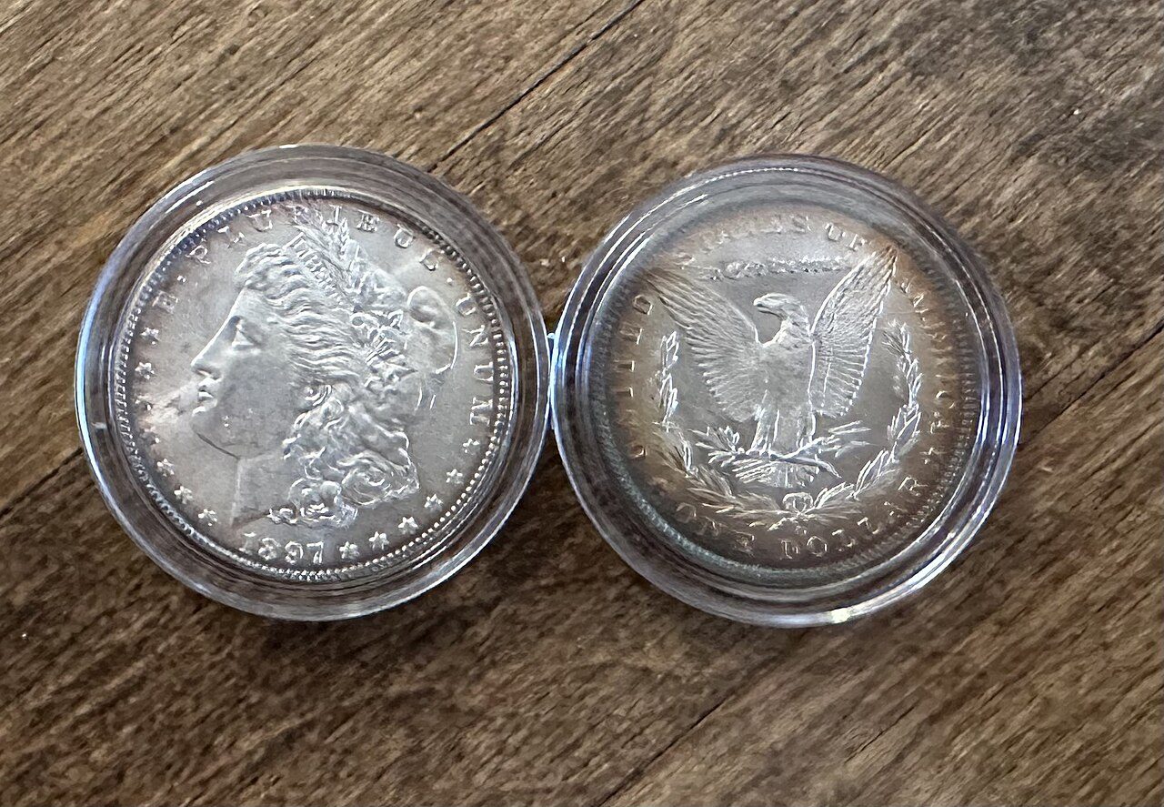 Two Morgan dollars in capsules, one bright white and one with golden album toning
