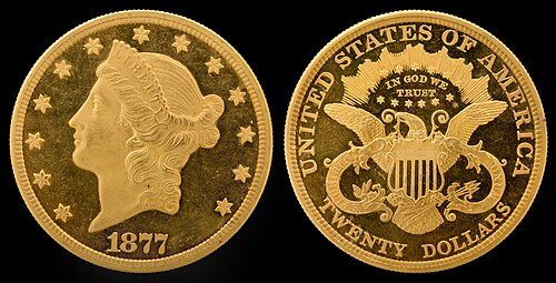 Obverse and reverse of an 1877 Liberty Head double eagle showing Liberty's head and a heraldic eagle.