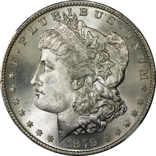 Obverse of a 1879-S Morgan dollar, graded NGC MS67+.