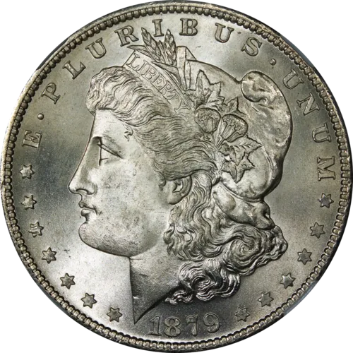 Obverse of a 1879-S Morgan dollar, graded NGC MS67+.