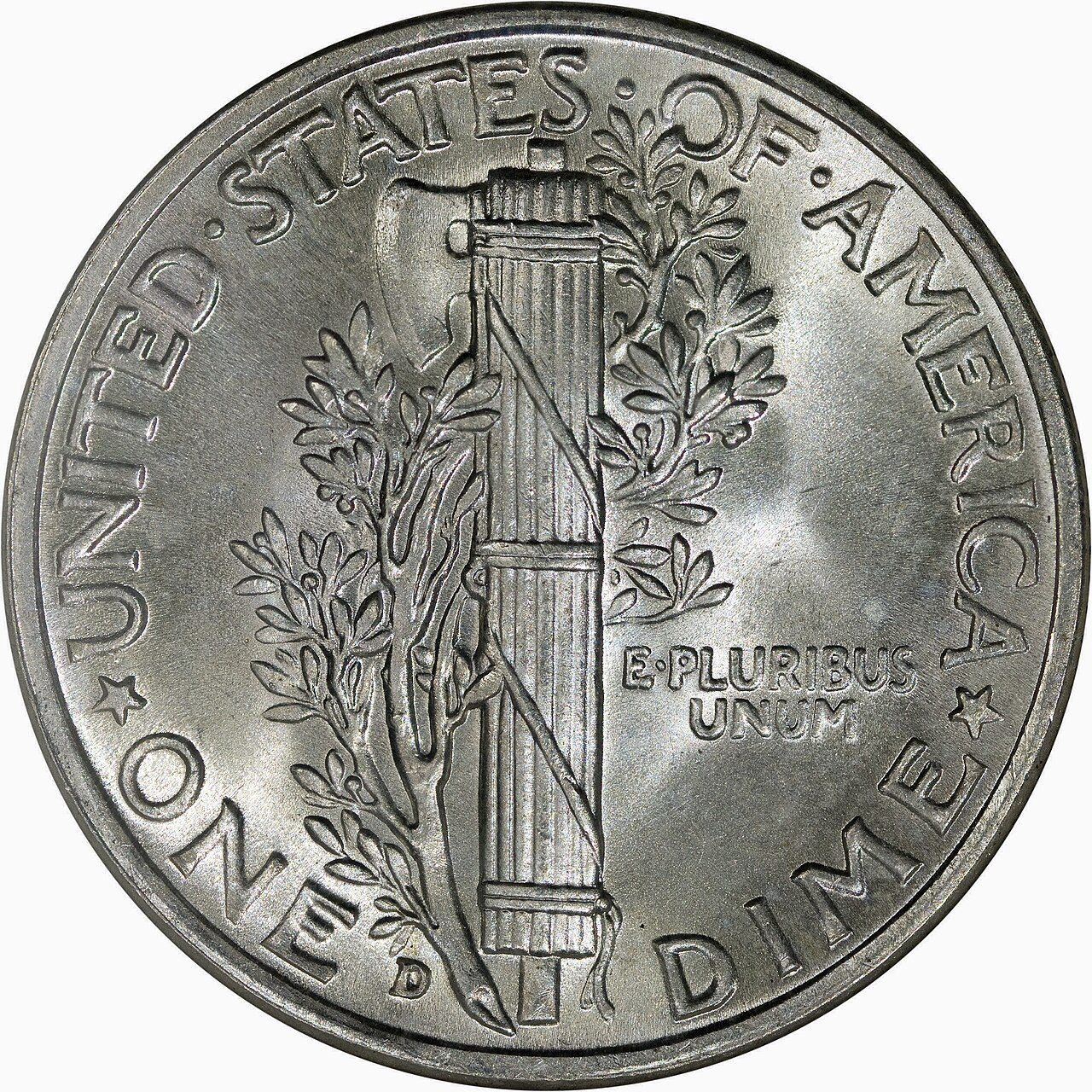 Reverse of an uncirculated 1943-D Mercury dime with complete, unbroken mint luster